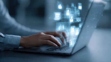 Person using a laptop with glowing digital interface displaying user profiles and data