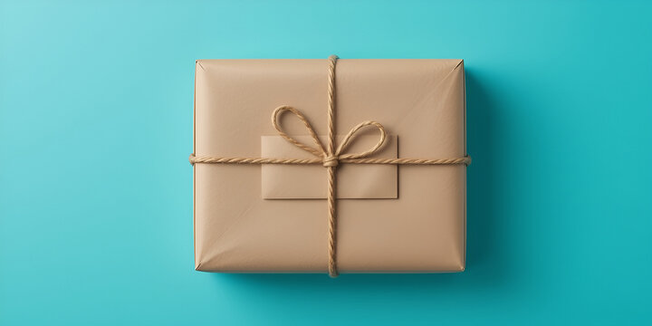 A beautifully wrapped parcel with rustic twine and a small tag sits on a vibrant turquoise background showcasing a simple yet elegant presentation perfect for any gift or package mockup