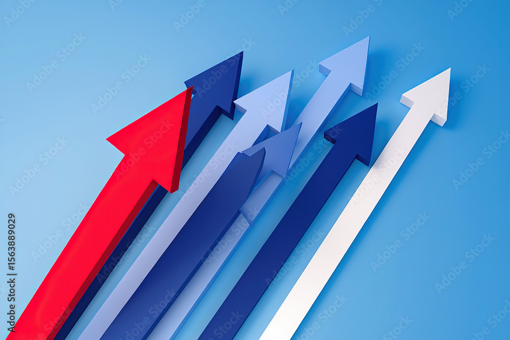 Poster dynamic array of arrows pointing upward in varied hues of red, white, and blue against a gradient bl