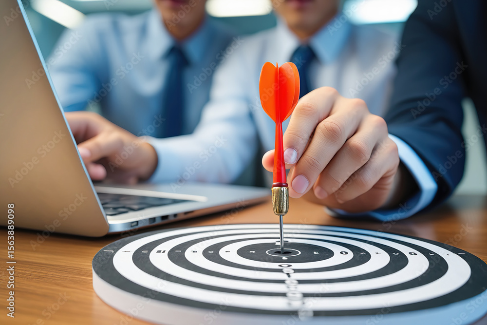 Poster precision targeting dart hitting bullseye with business team analyzing data on laptop, illustrating 