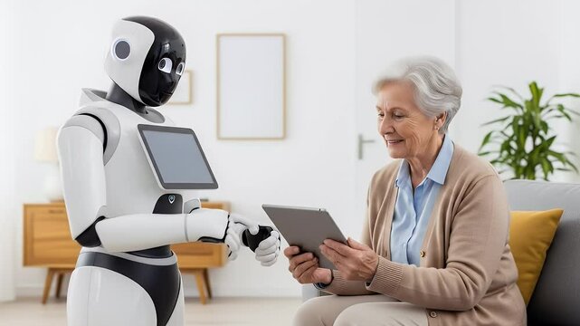 Elderly woman interacts with a friendly robot assistant, using a tablet computer in a comfortable home setting.