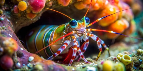 Vibrant Marine Life A Close-Up of a Strikingly Colored Mantis Shrimp in its Coral Reef Habitat