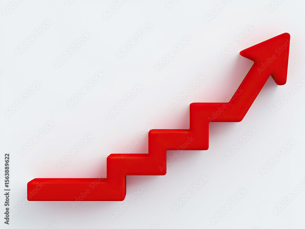 Poster ascending red arrow staircase on white background symbolizing growth and progress in business and fi