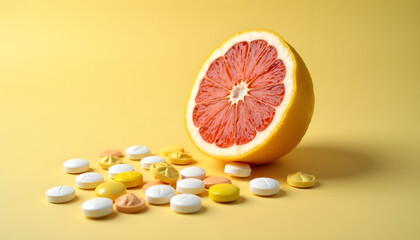 Fototapeta premium A sliced grapefruit alongside scattered pills, a creative healthcare concept.