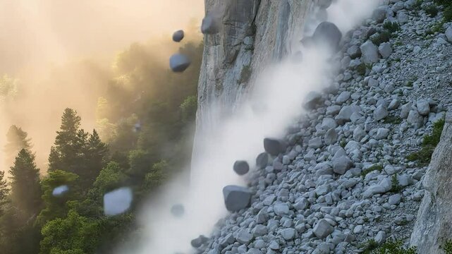 A powerful cascade of rocks and dust descends from a towering cliff face in a natural spectacle.