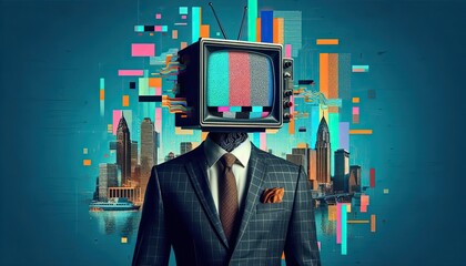 Man in suit with vintage television head against city skyline background  