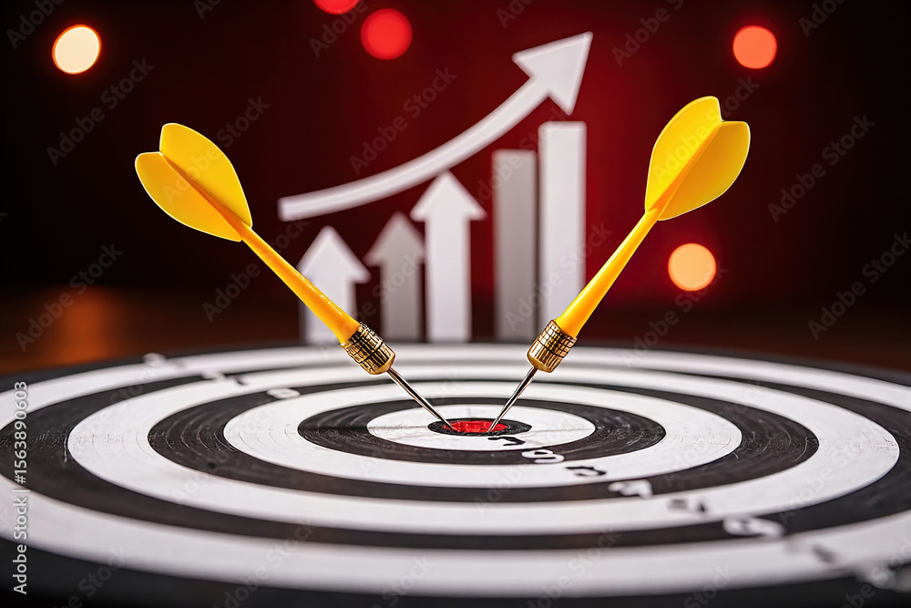 Poster precision targeting with darts hitting the bullseye, set against a backdrop of upward trending arrow