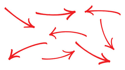 Set of Hand Drawn Curved Red Arrows – Vector Brush Stroke Direction Symbols on White Background