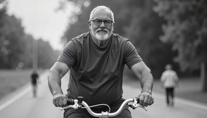 Elderly man riding bicycle and smiling on path in the park  