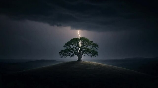 A powerful lightning bolt illuminates a solitary tree on a dark, stormy landscape at night.