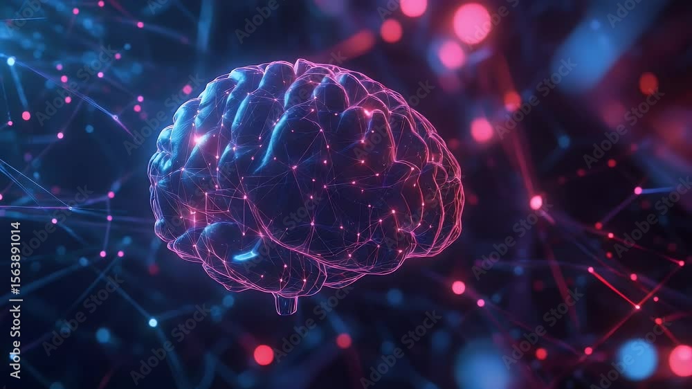 Poster abstract digital illustration of a human brain composed of glowing dots and connecting lines, repres