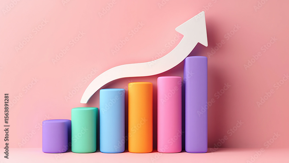 Poster colorful growth chart with upward arrow on pink background visualizing success and progress in busin