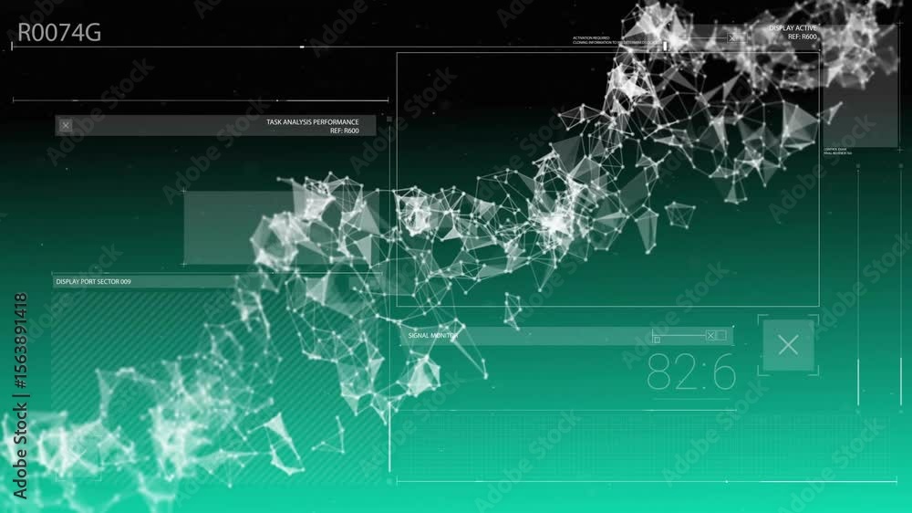 Poster emerging node network expanding, oscillating, receding, visualizing task performance data flow
