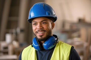 Fototapeta premium Smiling construction worker wearing a blue helmet and safety gear