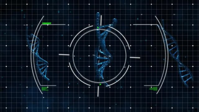 White reticle lines fading in pulsing green semicircle guiding rotating helix scanning base pairs