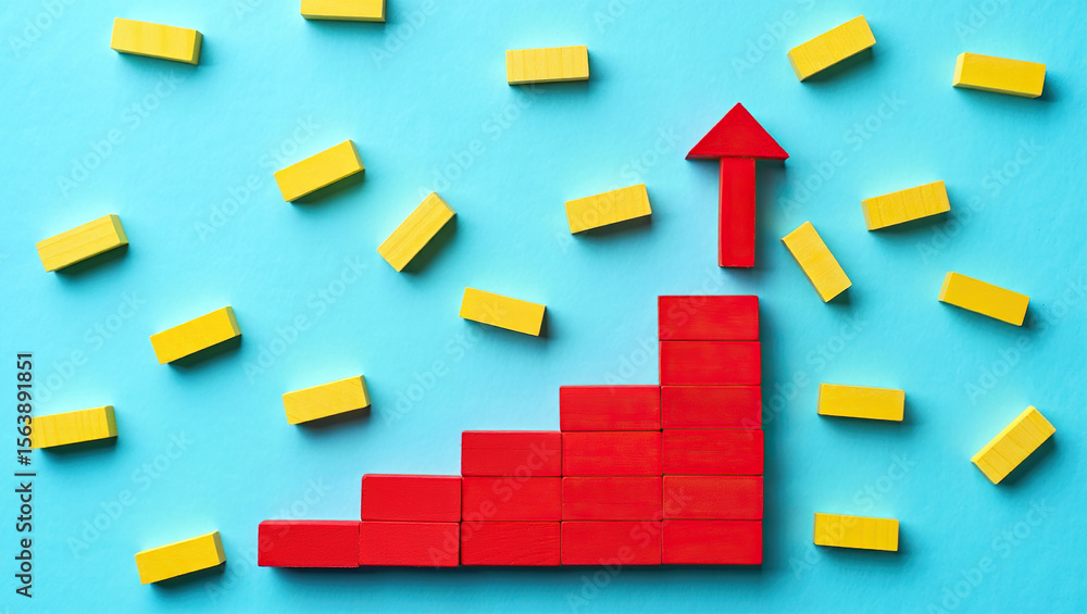 Poster ascending to success a staircase of red blocks with an upward arrow surrounded by yellow rectangles 