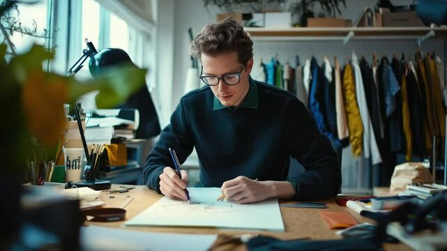 Focused young man sketching designs at his workspace