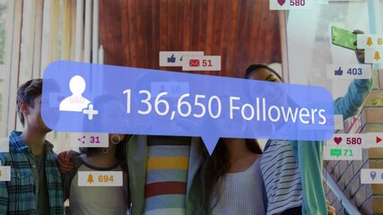 Group of five friends taking selfie initiating social media follower count and icons rising - Powered by Adobe