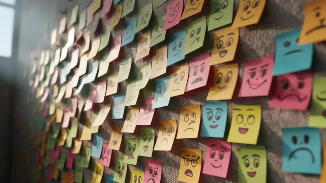 Wall covered with colorful sticky notes displaying various emotions ideal for brainstorming and collaboration project ideas