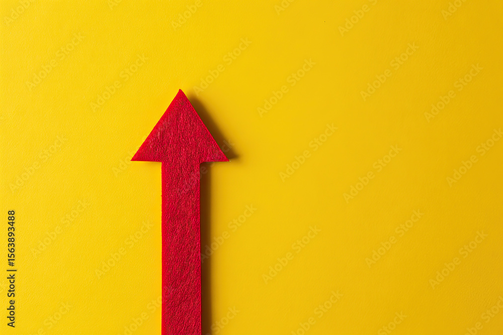 Poster upward trend and positive direction concept with a red arrow pointing upwards on a yellow background