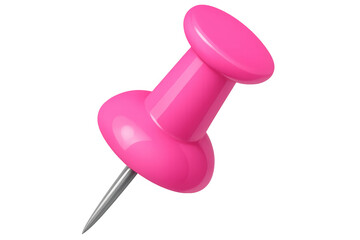 Pink pushpin with gleaming metallic head, puncturing clean white backdrop, highlighting organizational workspace essentials