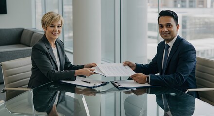 A cliente and a manager holding a successful signed contract at a office meeting