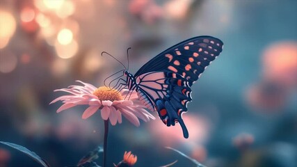 A vibrant butterfly delicately perched on a pink flower, bathed in soft, warm light - Powered by Adobe
