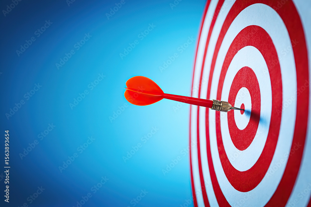 Poster direct hit red dart perfectly centered on a classic dartboard against a blue backdrop, representing 