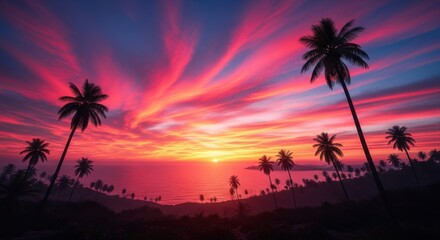 Obraz premium Spectacular Sunset Over a Tropical Paradise With Silhouetted Palm Trees