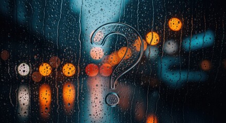 What is the meaning of life in a rainy city night with bokeh lights and a question mark etched on the glass