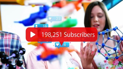 Teen classmates clicking molecular model pieces and causing subscriber counts rising in science lab