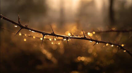 A thorny branch glistens with dew drops at sunrise, catching golden light that makes each droplet sparkle. The background blurs into forest haze, adding depth and serenity