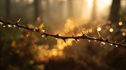 Obraz premium A thorny branch glistens with dew drops at sunrise, catching golden light that makes each droplet sparkle. The background blurs into forest haze, adding depth and serenity