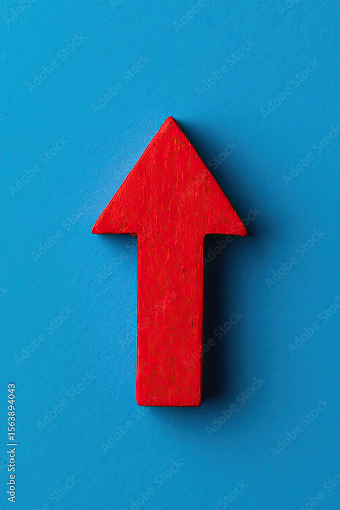 Poster a bold red arrow pointing upward on a vibrant blue background symbolizing growth progress and positi