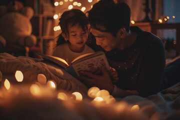 Father reading book with daughter at night