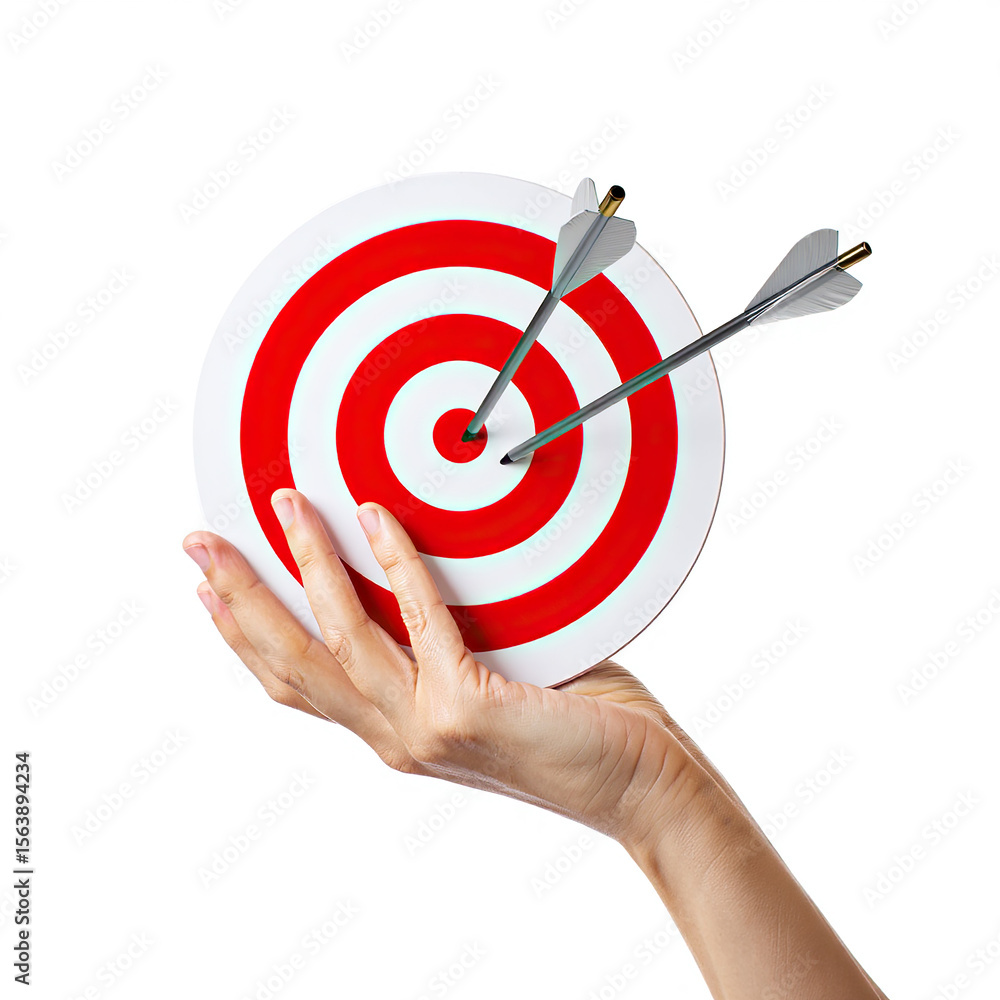 Poster conceptual image of a hand holding a target with two arrows hitting the bullseye against a white bac