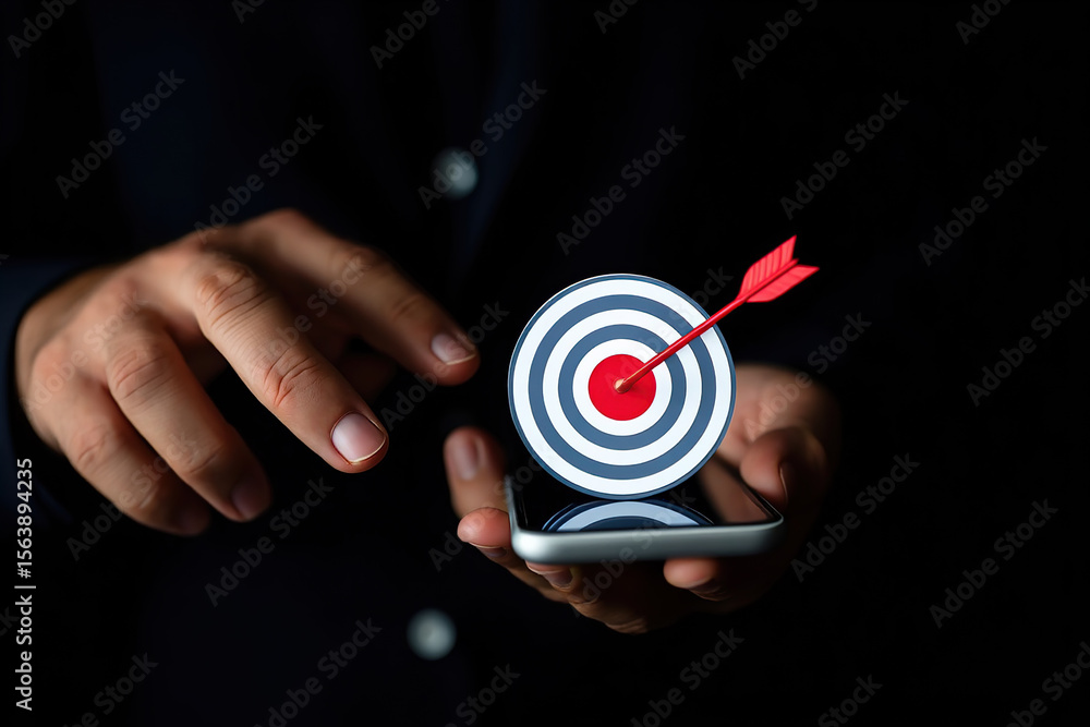 Poster conceptual image of a hand holding a smartphone displaying a target with an arrow hitting the bullse