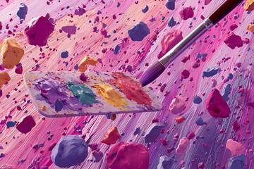 Bold pink brushstrokes splash across a canvas-like backdrop, surrounded by scattered paint droplets and a floating palette with rich pigment tones. A single brush hovers mid-air, 