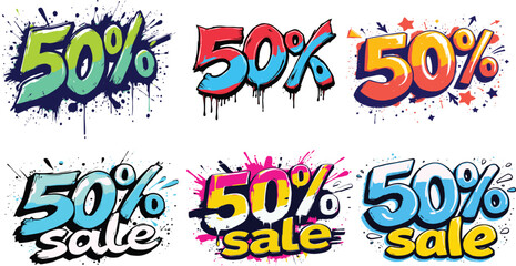 Colorful 50% Sale Comic Style Text Set, Vibrant Discount and Promotion Stickers for Marketing