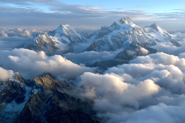 Obraz premium Majestic snow capped peaks emerge from soft clouds under a clear sky mountains