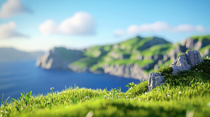 Serene landscape featuring lush green grass and rocky formations overlooking tranquil sea, with distant hills and soft clouds