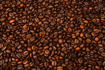 Coffee beans background. Top view. Coffee beans texture.