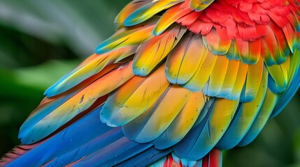 Fototapeta premium Close up of macaw feathers in natural habitat, vibrant color contrast against rainforest greens, 2025 trend wildlife detail shot