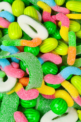 Assorted gummy candies. Top view. Jelly  sweets.