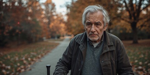 An elderly man with gray hair in a park setting on a path with trees and fallen leaves around him