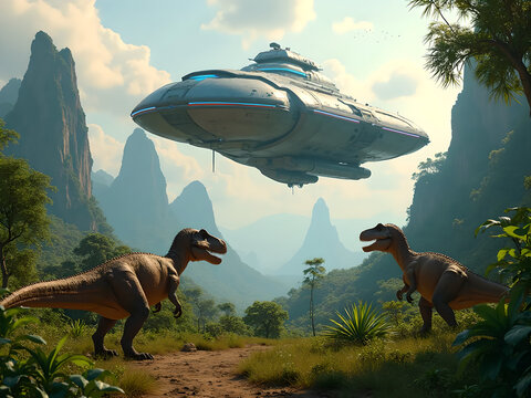 Time-Travel Spaceship Landing in Jurassic Era with T-Rex and Stegosaurus in Sci-Fi Dinosaur Scene