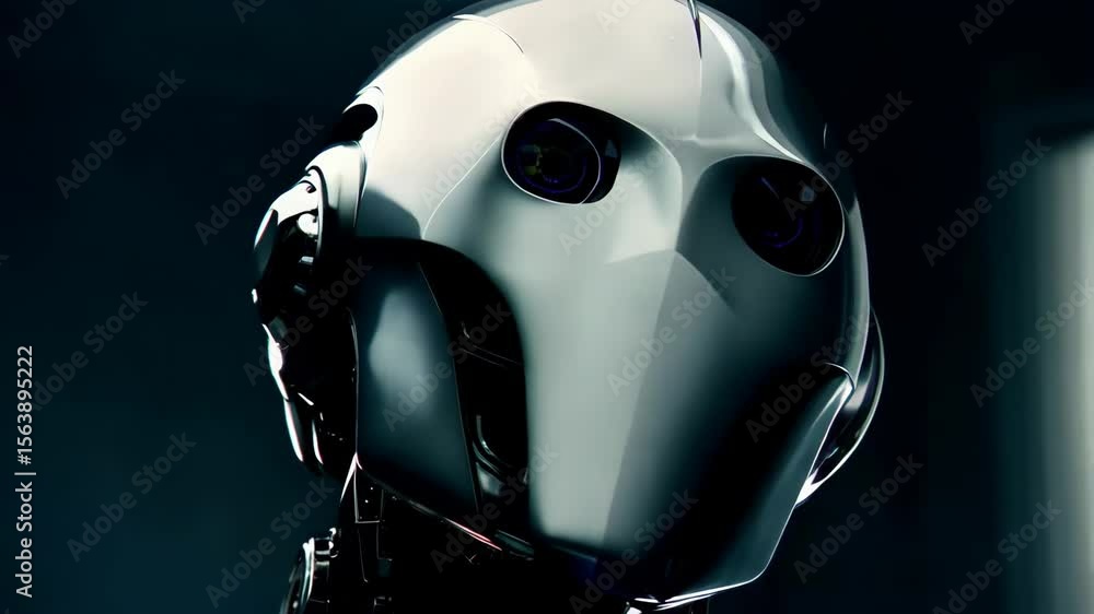 Poster futuristic robot head with moving gears and glowing eyes in hightech setting