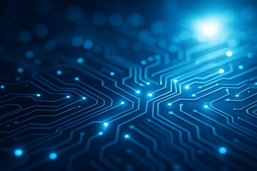 Obraz premium Abstract glowing blue circuit board pathways with bright light and bokeh effects
