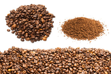 Coffee beans on a white background. Top view.