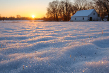 Obraz premium Golden sunset illuminates sparkling snow covered field with distant barn golden hour winter